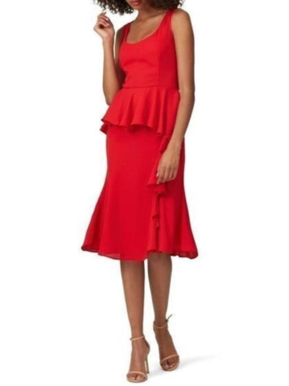 Prabal Gurung Cherry Red Ruffled Cocktail Sheath Midi Dress in Women's 14